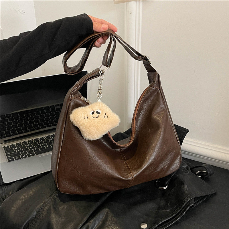 Women's Underarm Shoulder Bag in Brown with Ribbon Charm