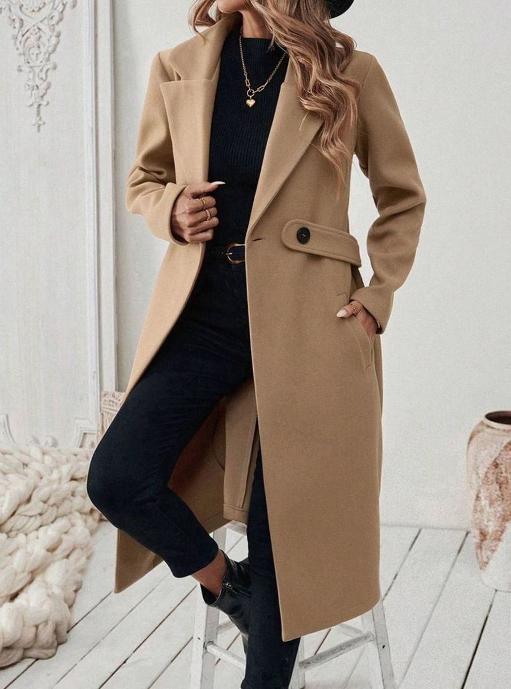 Women's Belted Longline Coat in Khaki — view 2
