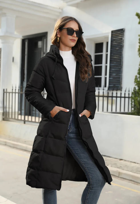 Women's Hooded Long Puffer Coat in Black