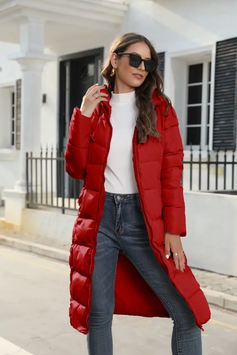 Women's Hooded Long Puffer Coat in Burgundy