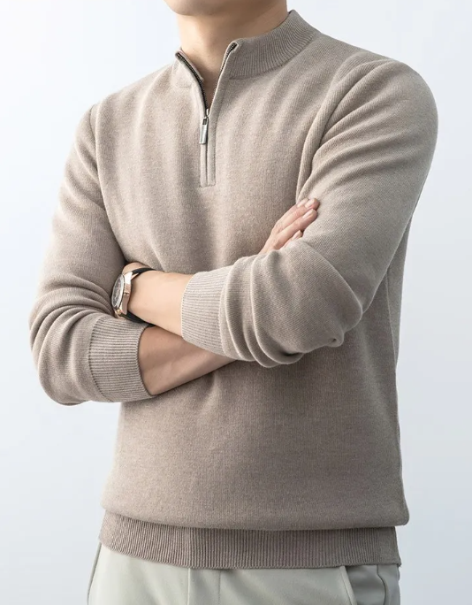 Men's Knit Fabric Half-Zip Sweater in Beige