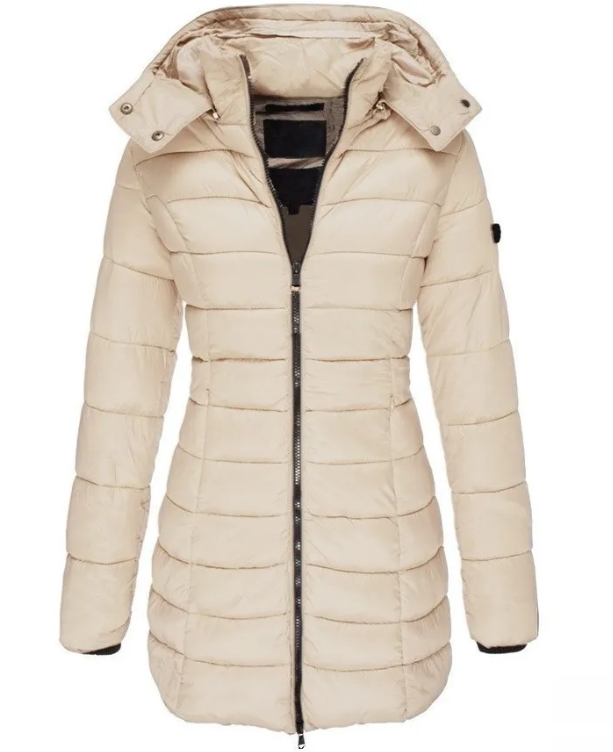 Women's Puffer Coat with Fleece Lined Hood in Beige