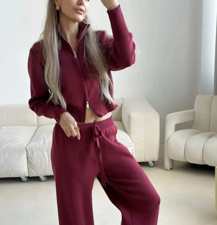 Women's Hooded Knit Tracksuit in Red