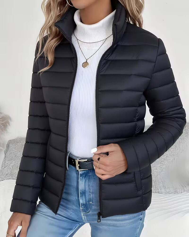 Women's Stand Collar Puffer Jacket in Black