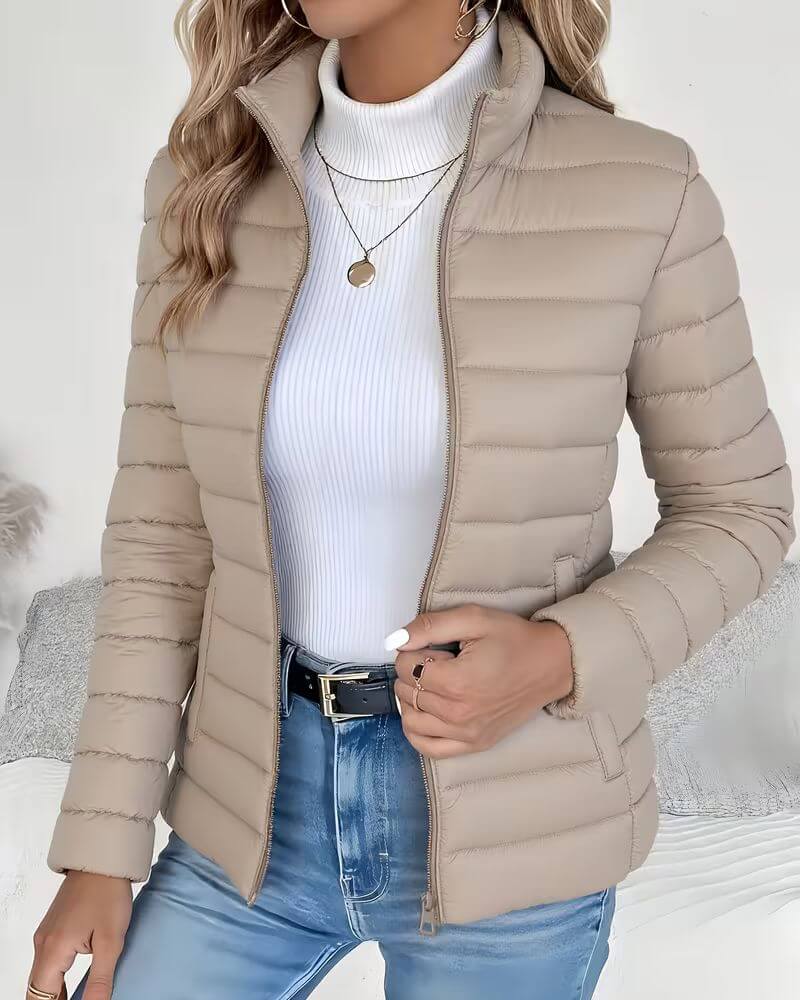 Women's Stand Collar Puffer Jacket in Beige
