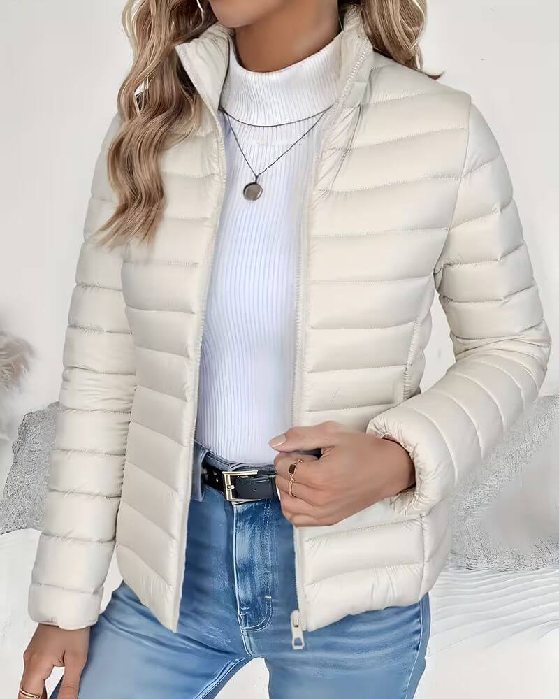 Women's Stand Collar Puffer Jacket in Cream