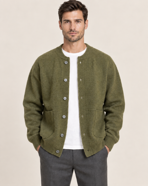 Men's button up knit cardigan in green with patch pockets