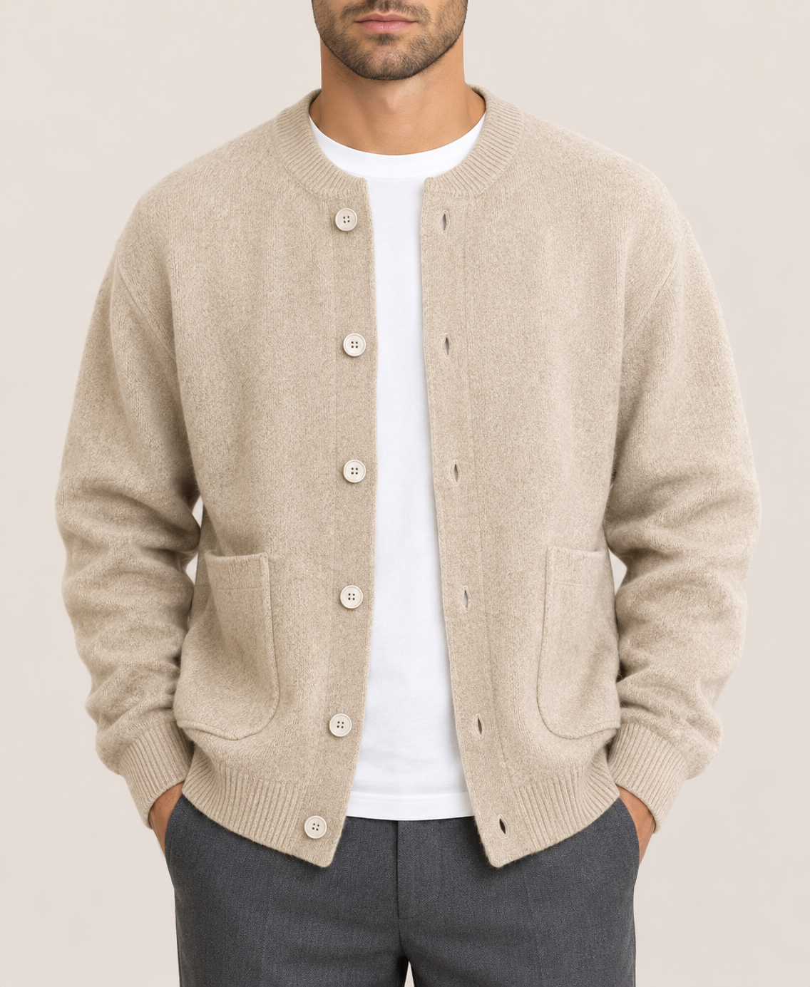 Men's button up knit cardigan in beige with patch pockets