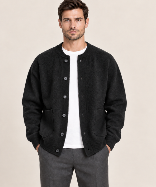 Men's button up knit cardigan in black with patch pockets