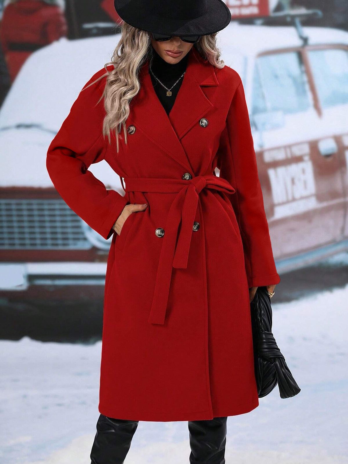 Women's Longline Double-Breasted Coat in Scarlet