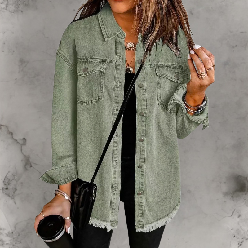 Women's Oversized Denim Shacket in Olive Green