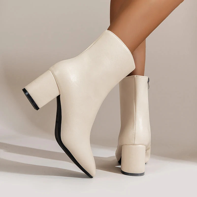 Women's Faux Leather Black Ankle Boots | Elegant Pointed Toe Block Heels 1