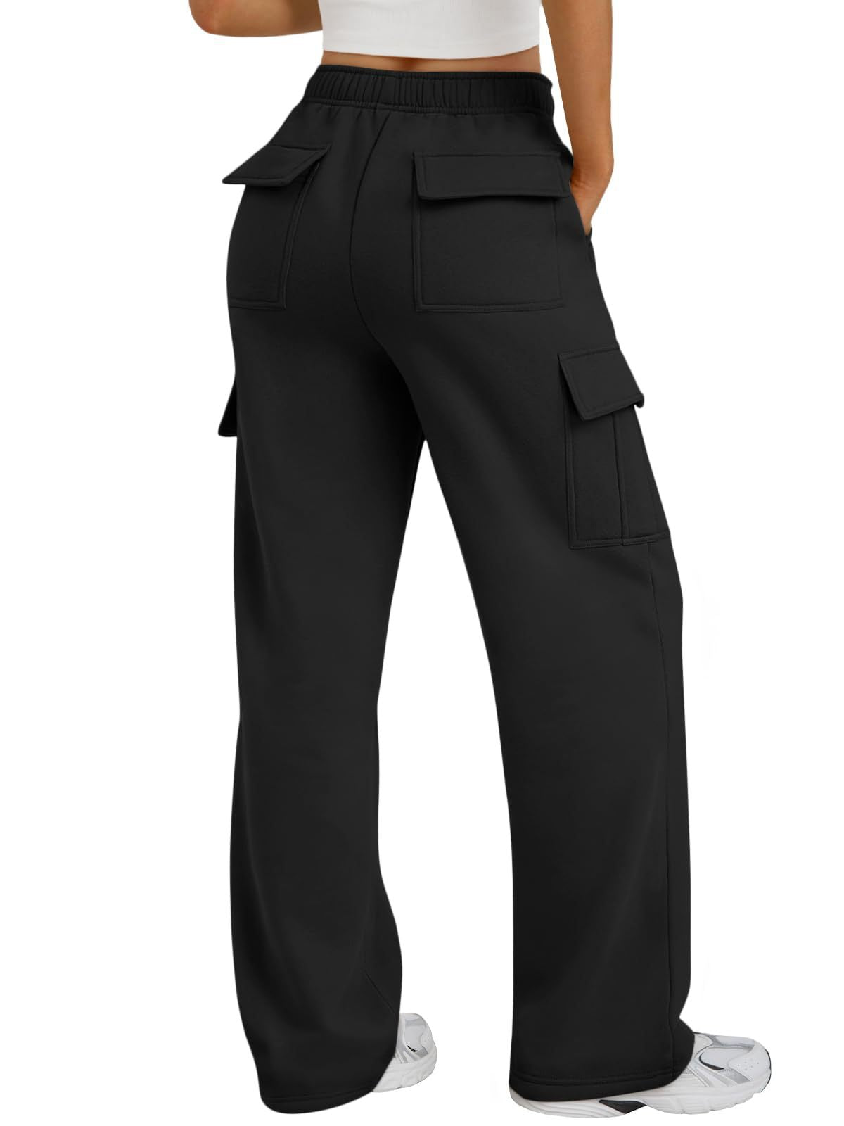 Women's High Waist Wide Leg Cargo Trousers in Black