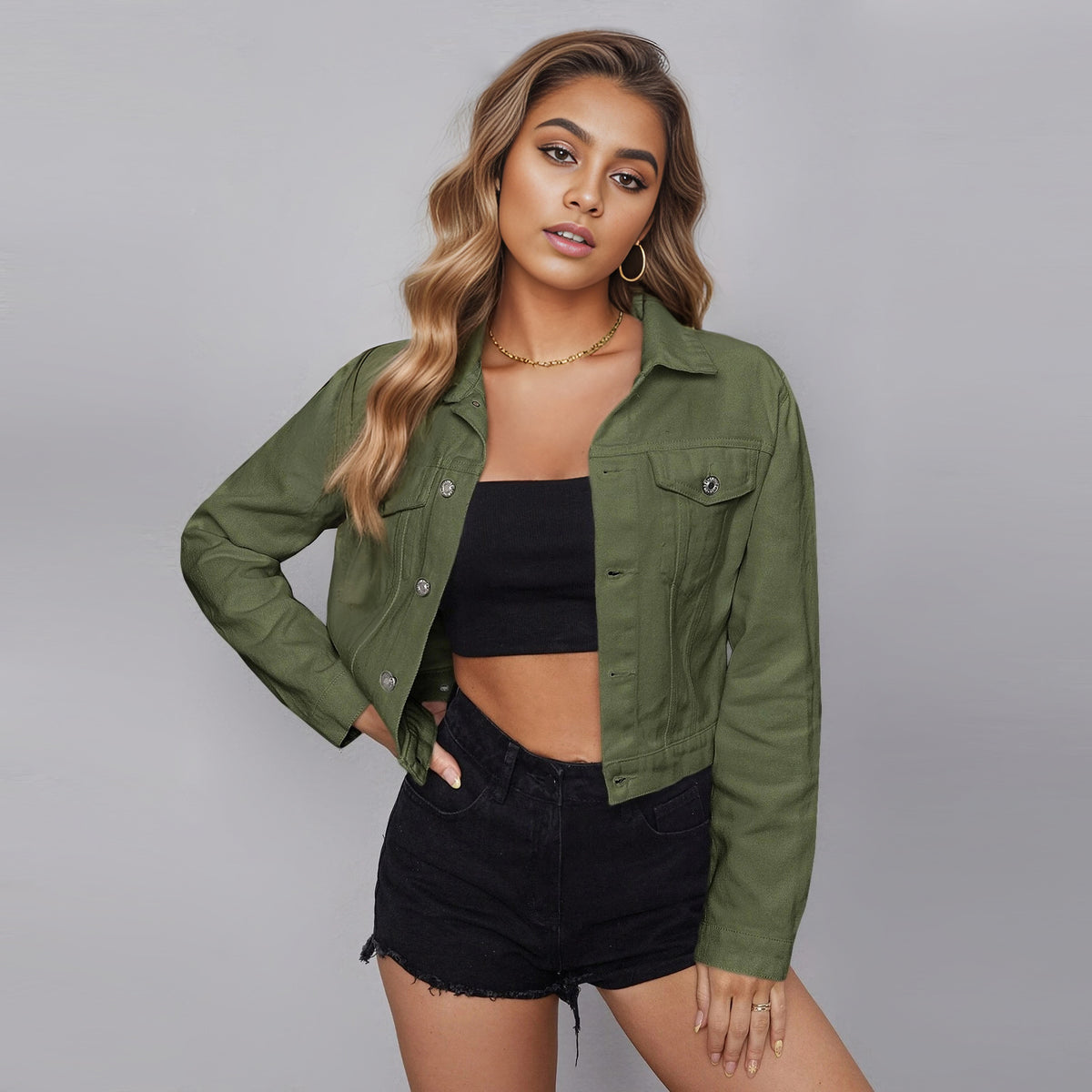 Women's Cropped Denim Jacket in Army Green