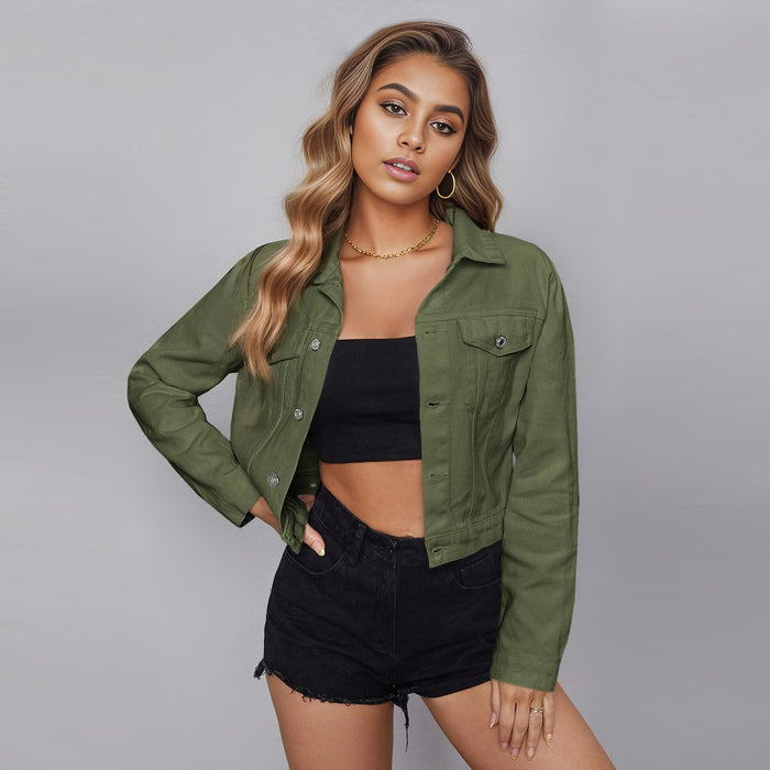 Women's Cropped Denim Jacket in Army Green