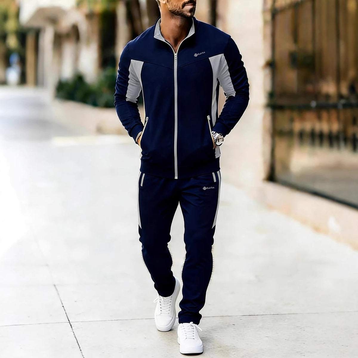 Men's Contrast Panel Tracksuit in Navy / Light Grey