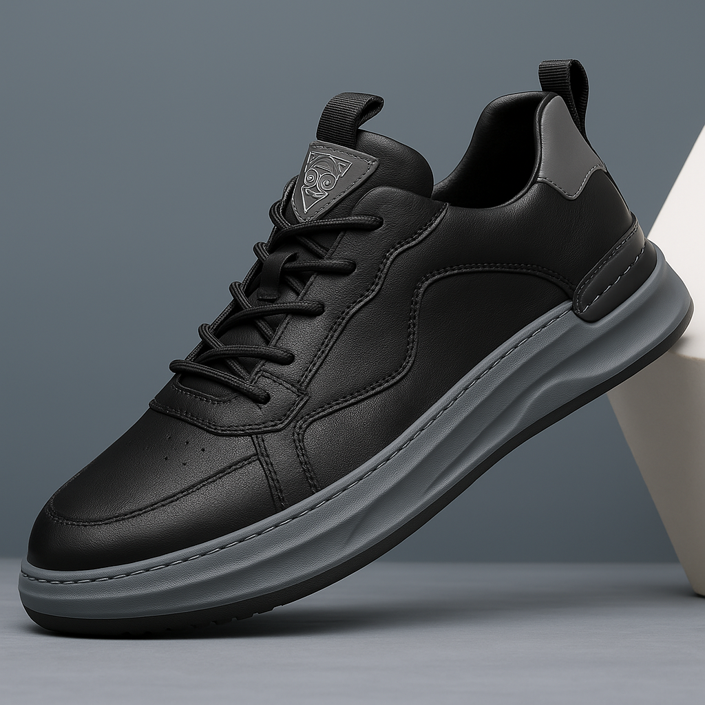 Men's Panelled Leather Trainers in Black