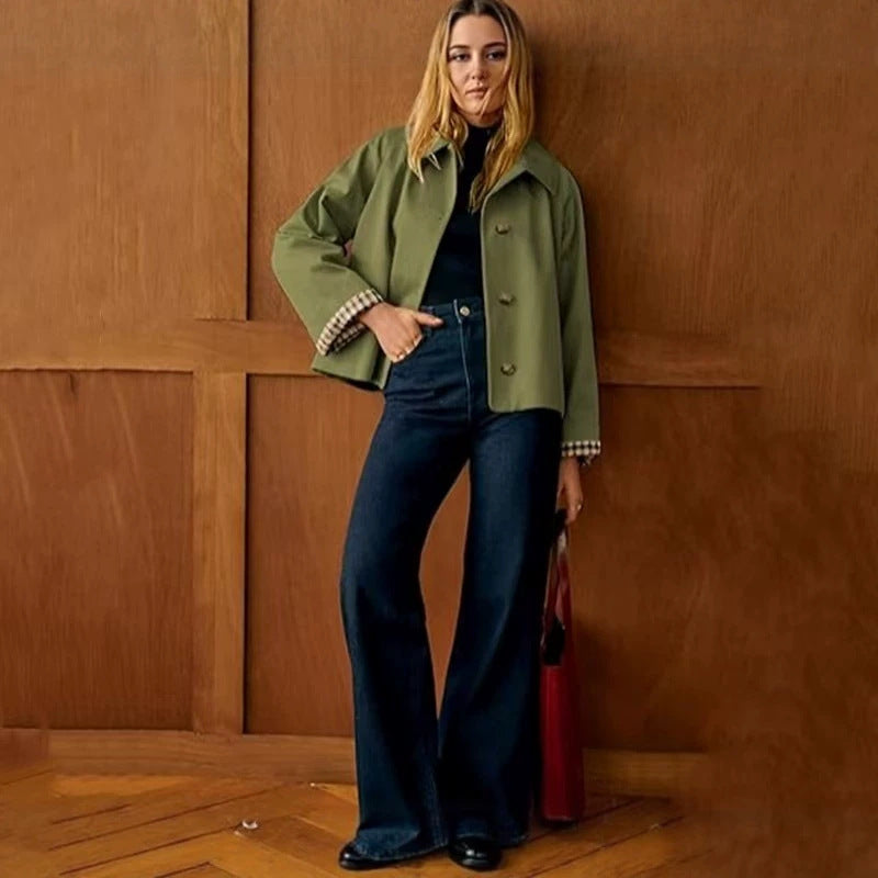 Women's Short Double Breasted Jacket in Military Green