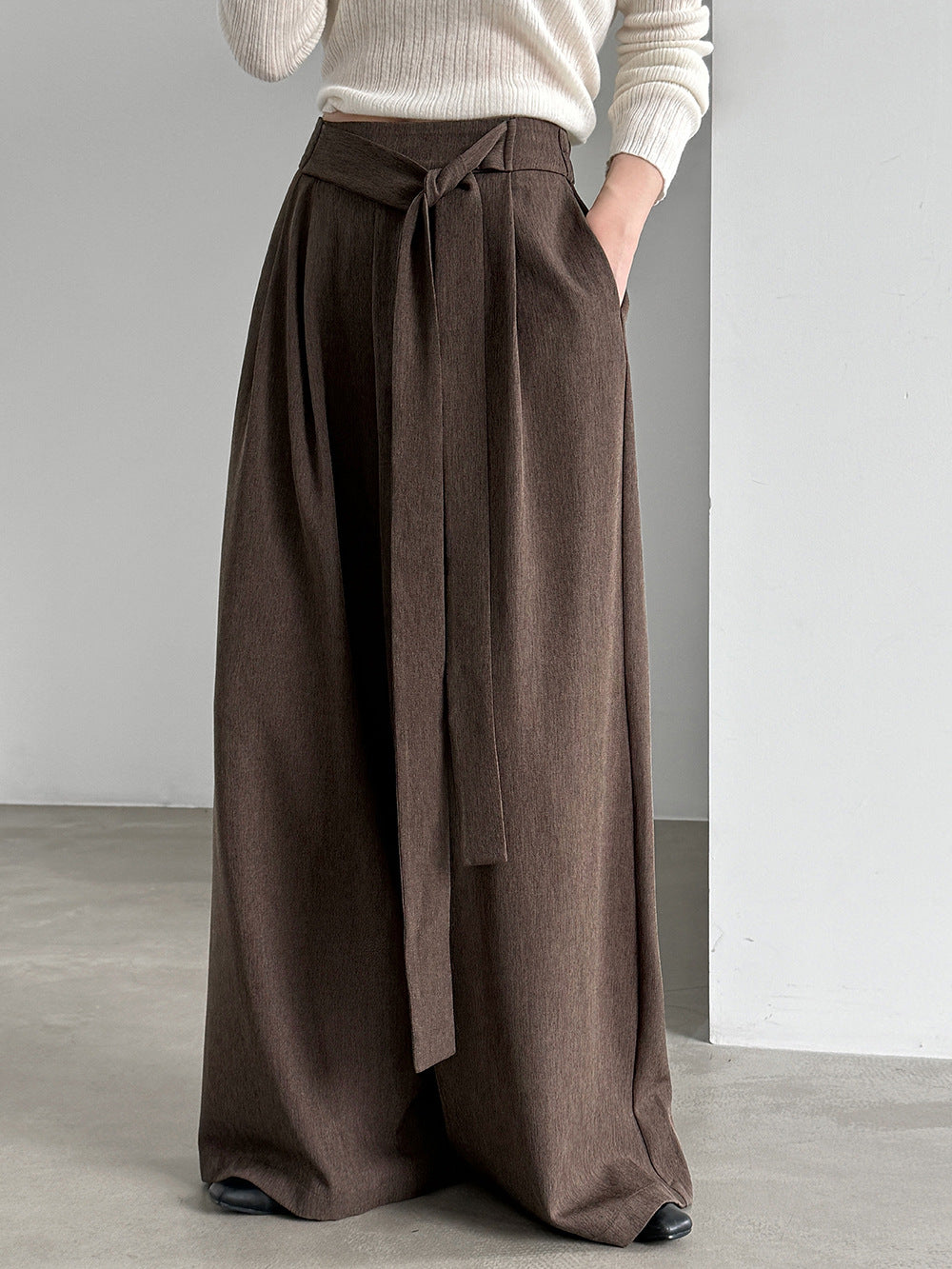 Women's Wide Leg Trousers with Tie Belt in Beige Coffee
