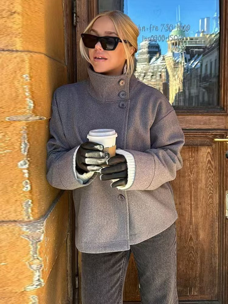 Women's Wool-Look Funnel Neck Coat in Grey