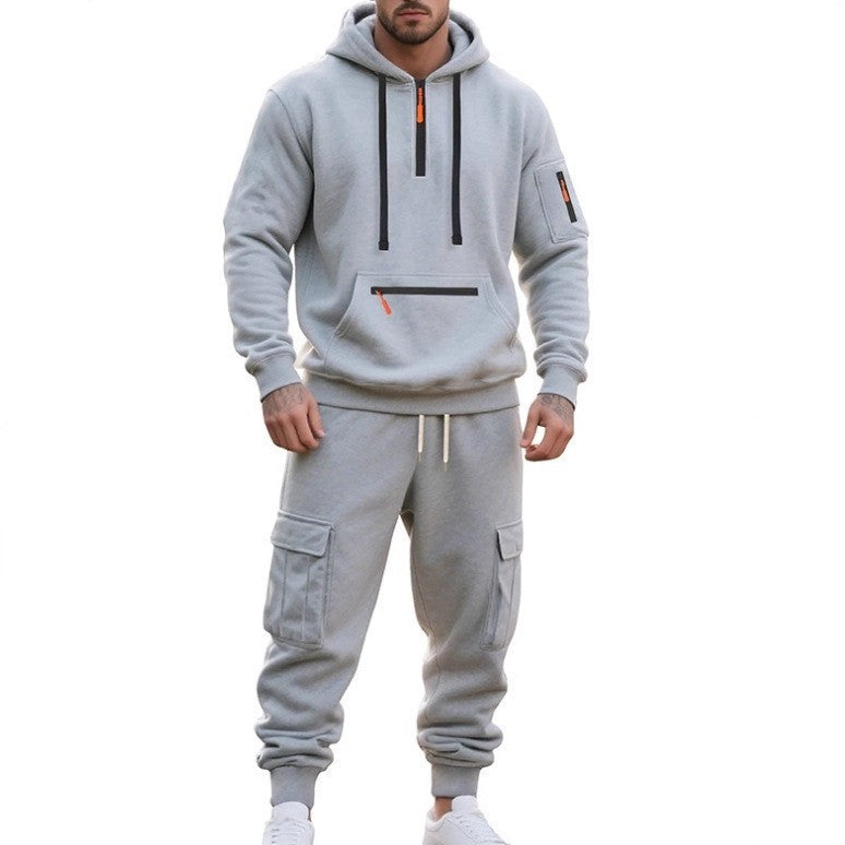 Men's Half Zip Hoodie and Joggers Set in Light Grey