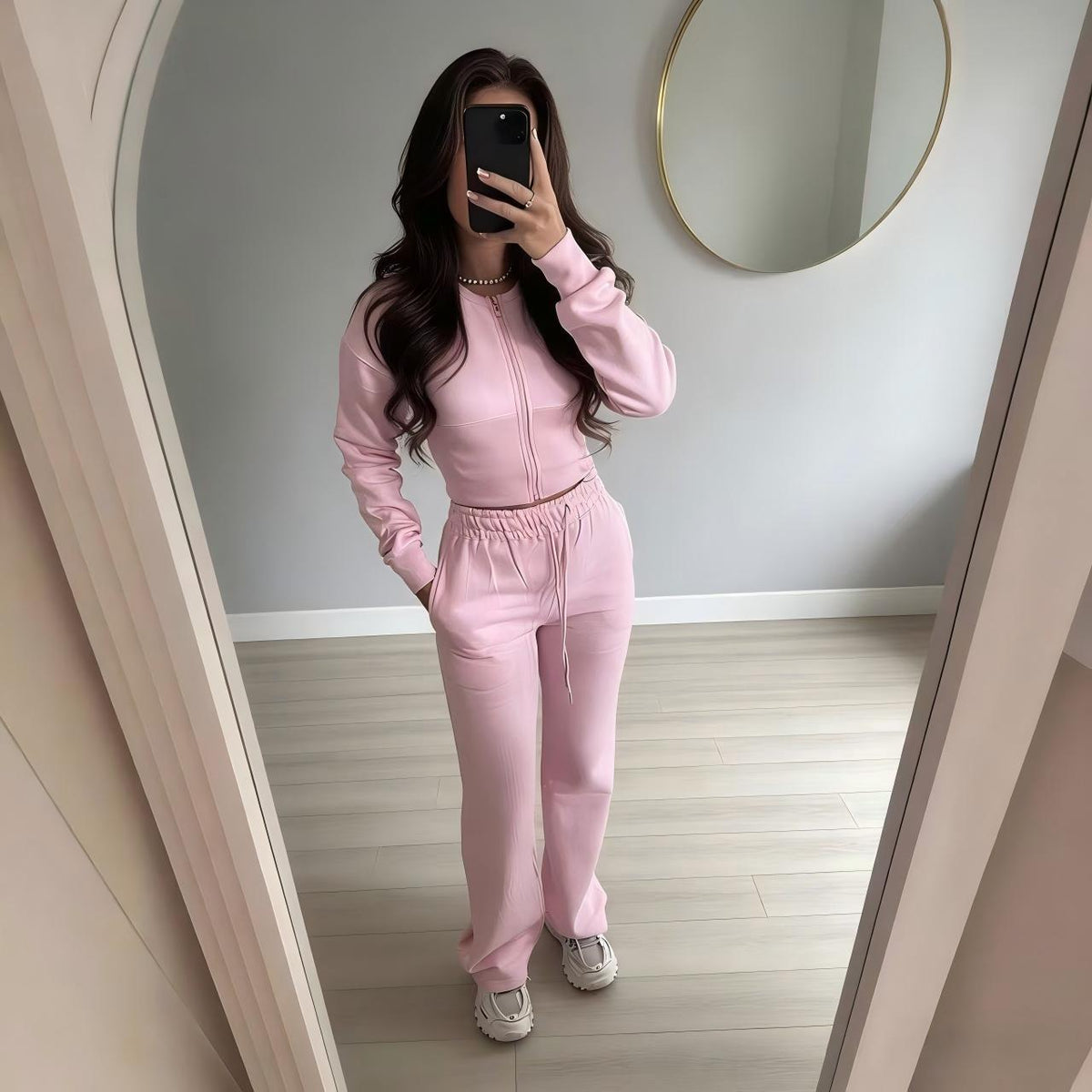 Women's Zip Hoodie and Straight Leg Trouser Set in Pink