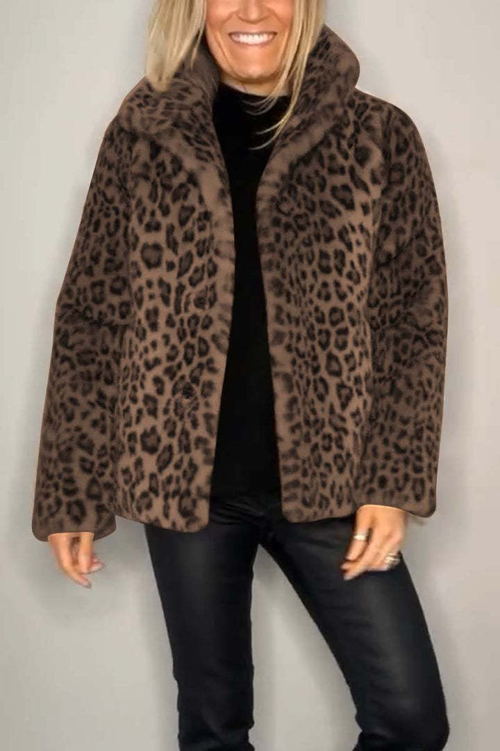 Women's Leopard Print Faux Fur Coat in Brown Leopard (Short)