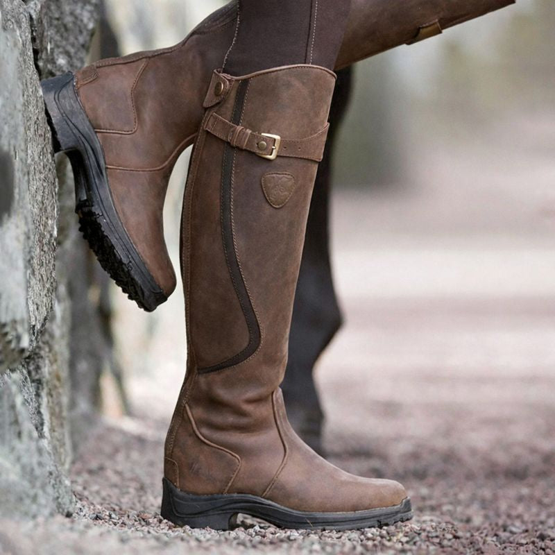 Women's Buckled Riding Boots in Dark Brown