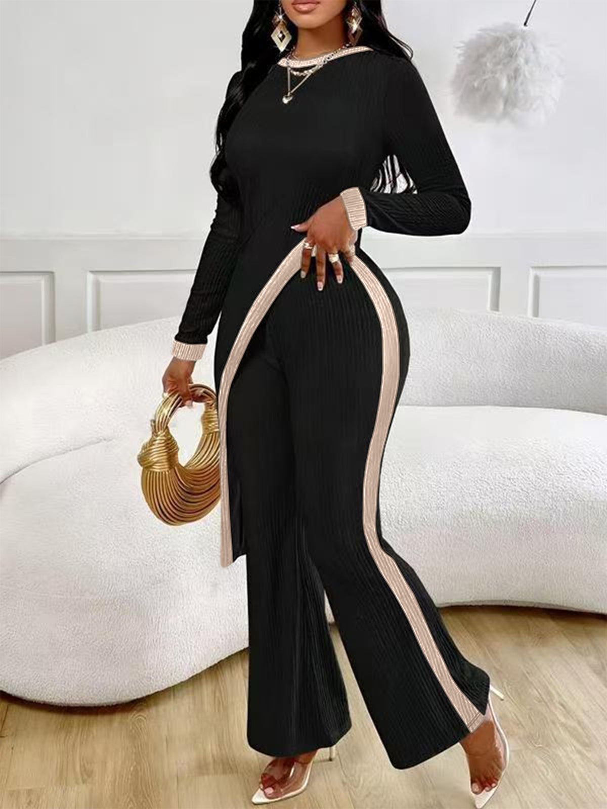 Women's Contrast Stripe Two Piece Set in Black