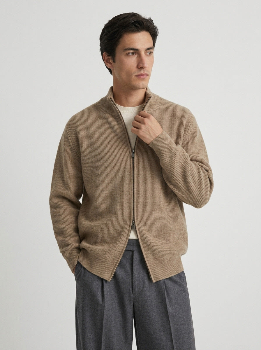 Men's Ribbed Full Zip Cardigan in Camel