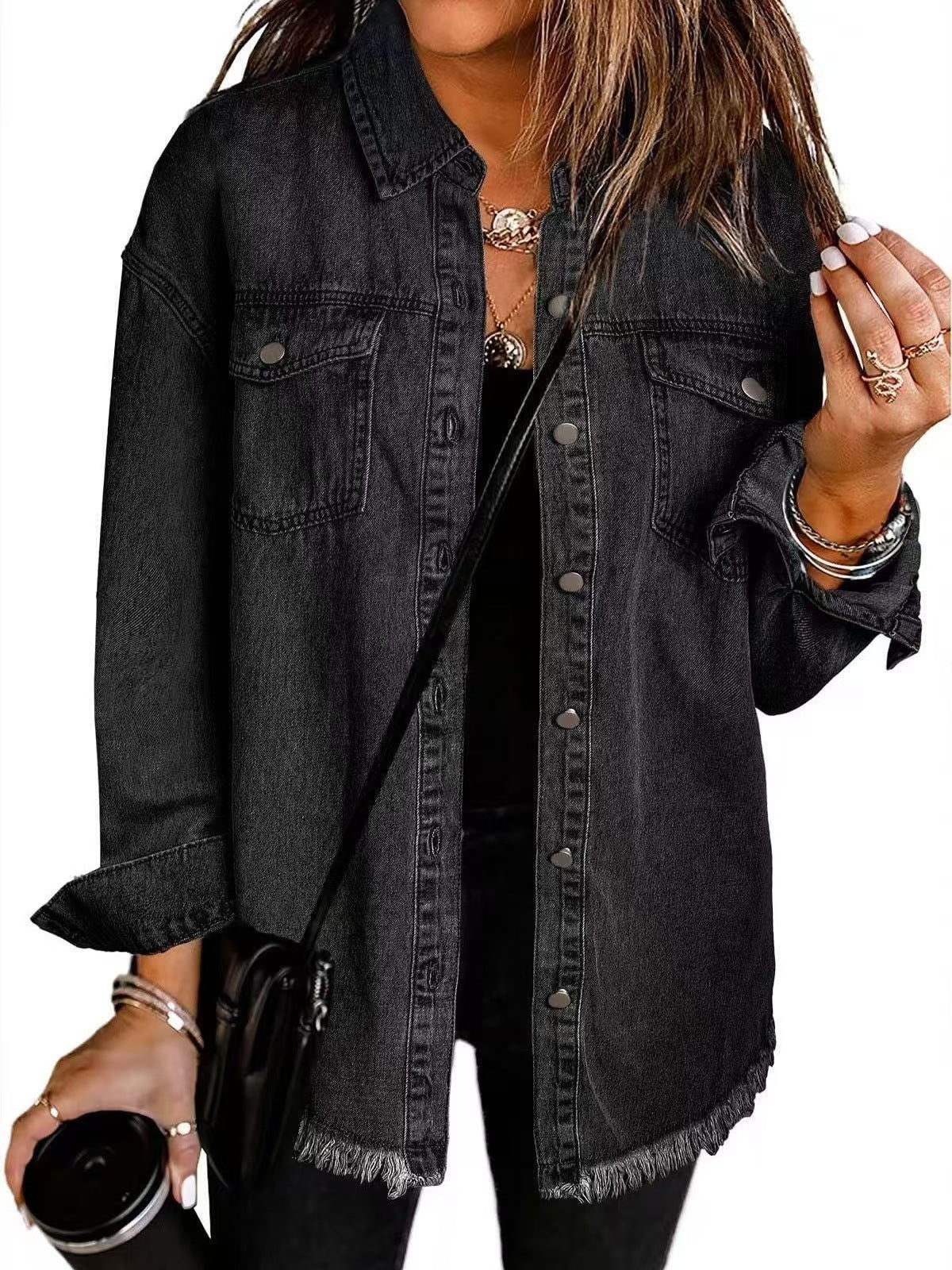 Women's Washed Denim Shirt Jacket in Black — view 3