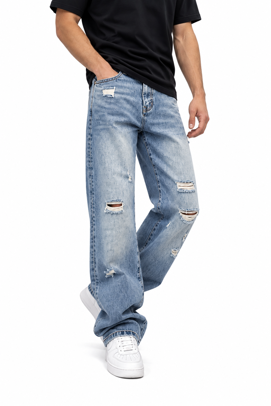 Men's Ripped Straight Leg Jeans | Lightweight Washed Denim with Stretch