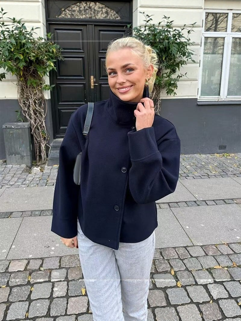 Women's Wool-Look Funnel Neck Coat in Navy Blue — view 4