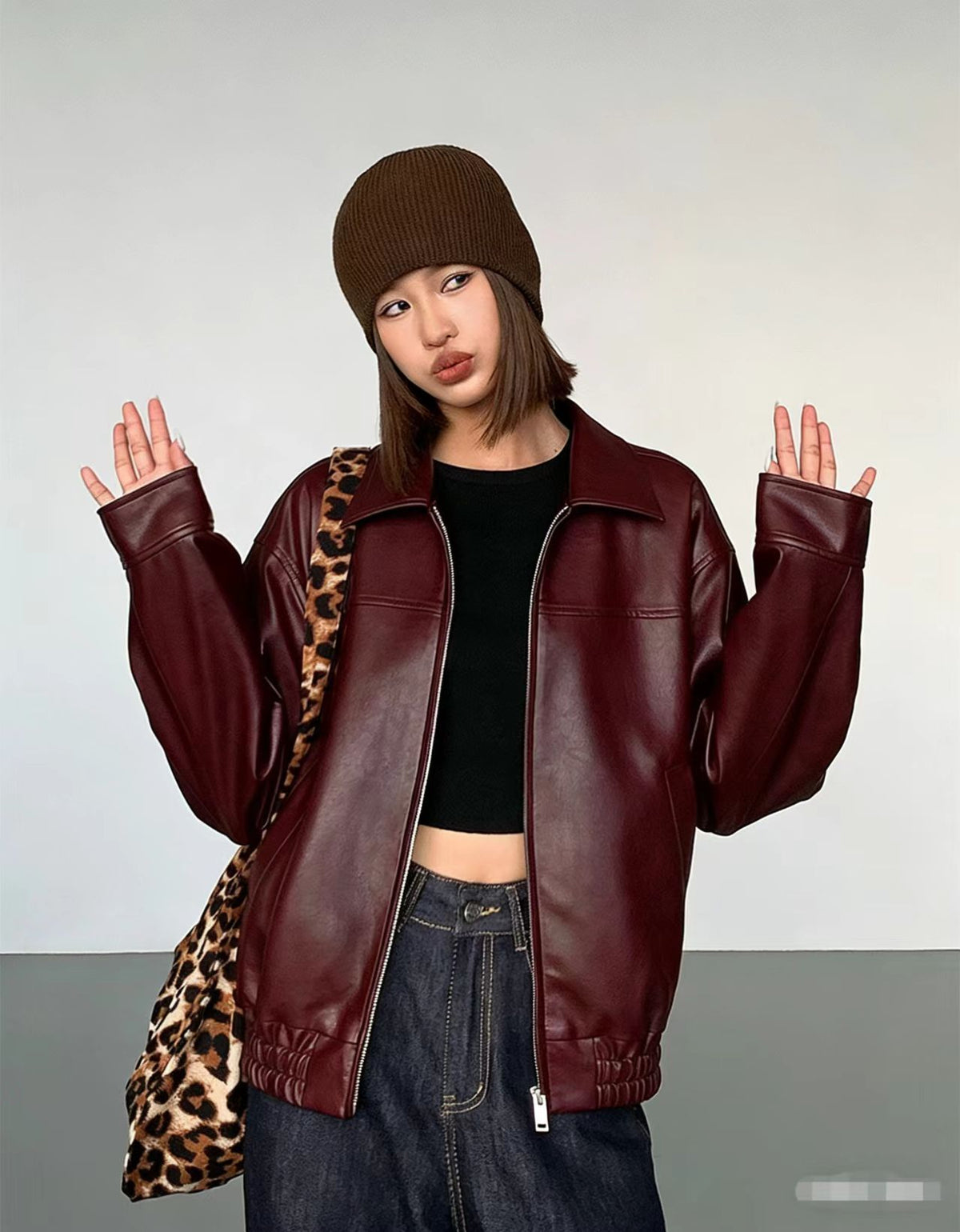 Women's Faux Leather Bomber Jacket in Burgundy