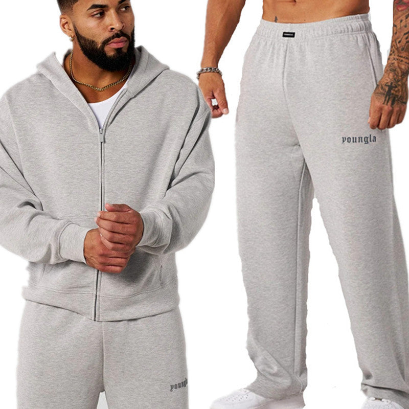 Men's Full Zip Hoodie and Joggers Set in Light Grey
