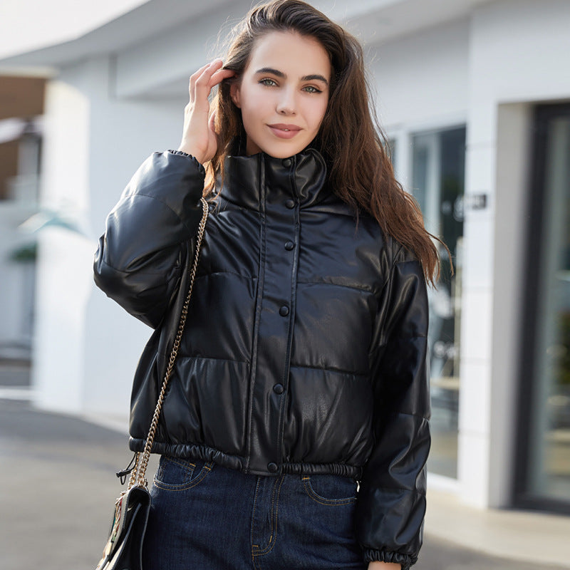 Women's Cropped Faux Leather Puffer Jacket in Black