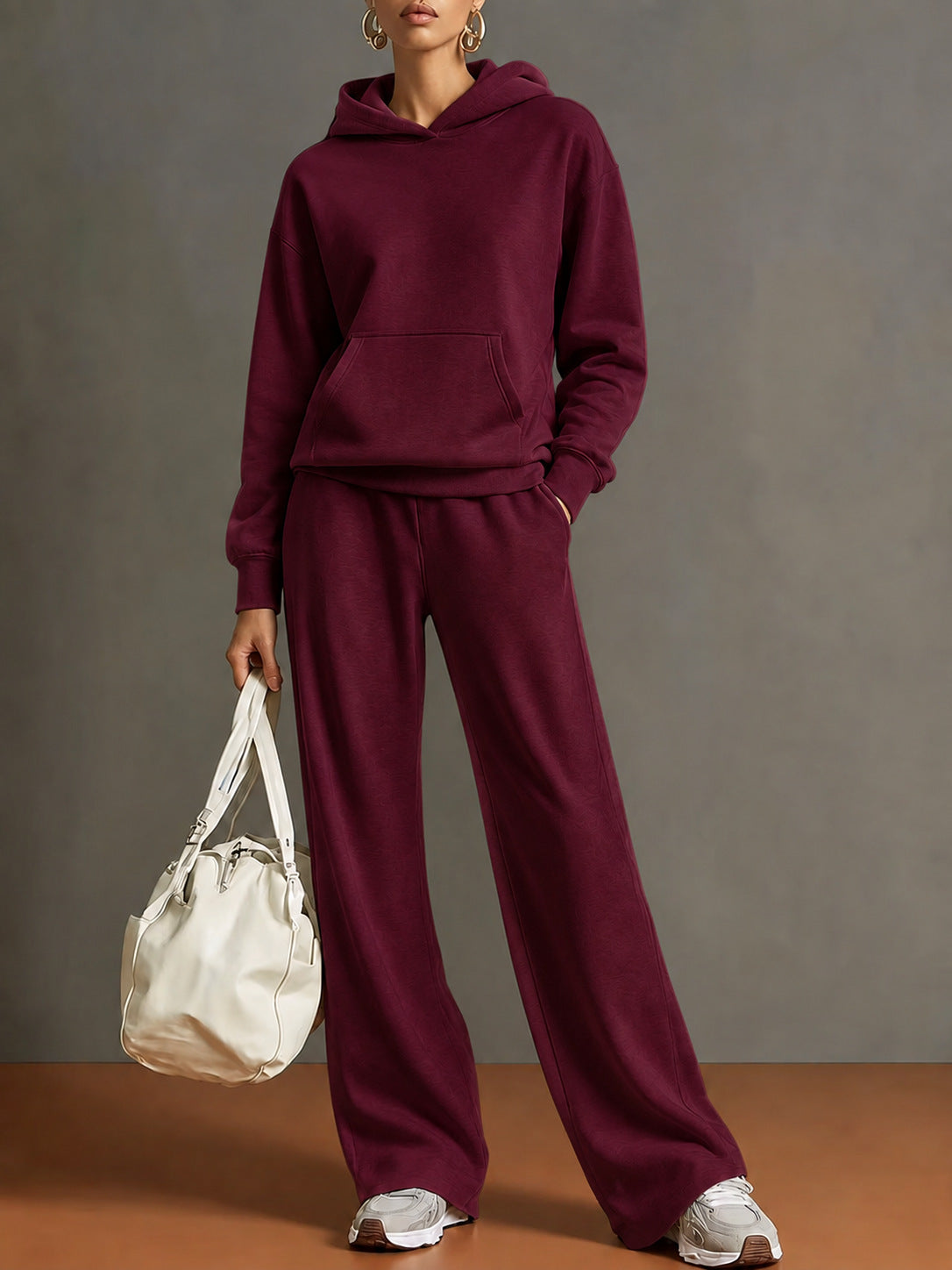 Women's Hoodie and Wide Leg Trouser Set in Wine Red