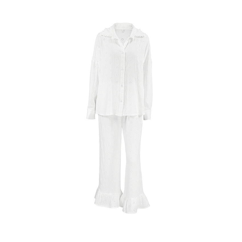 Women's Embroidered Cotton Pyjama Set in White