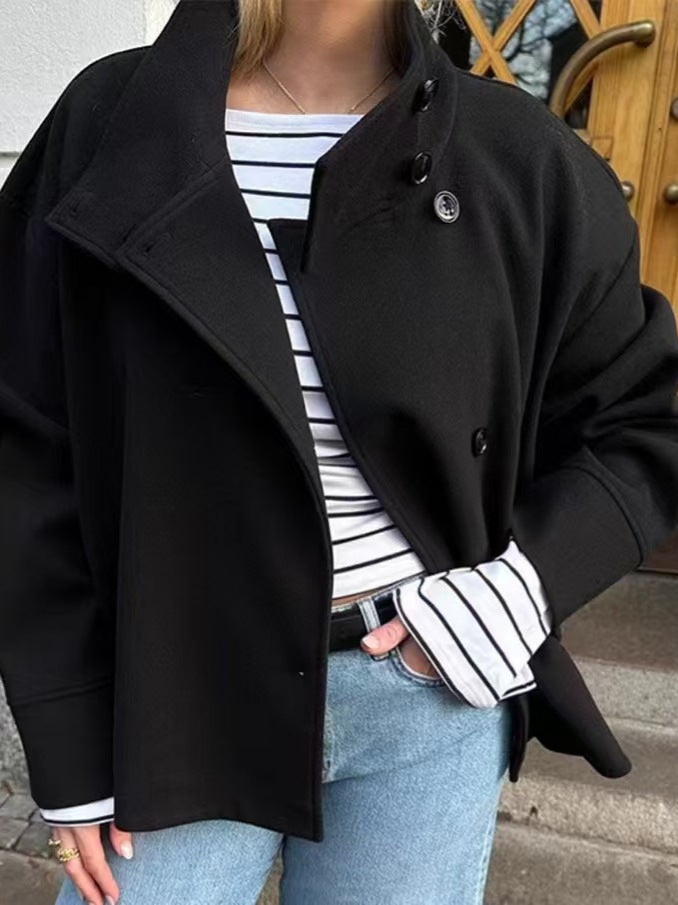 Women's Wool-Look Funnel Neck Coat in Black — view 2