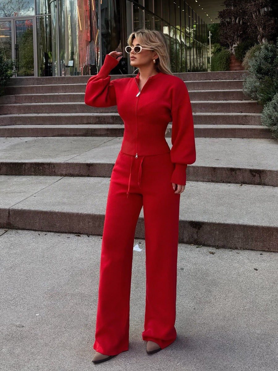 Women's Knitted Zip Set in Red