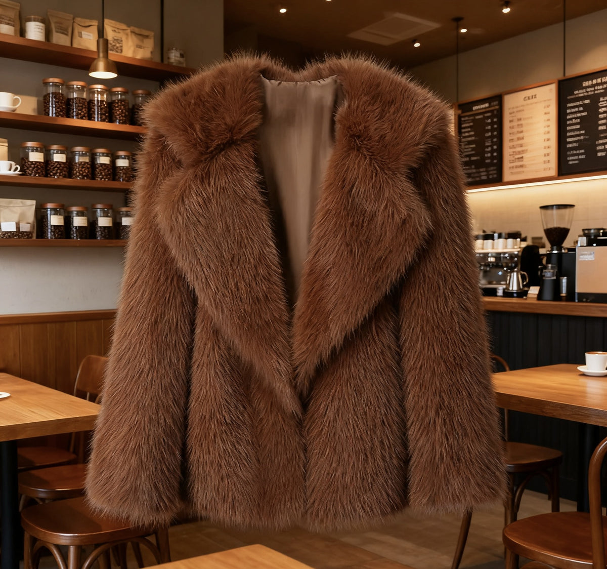 Women's Wide Lapel Faux Fur Coat in Caramel