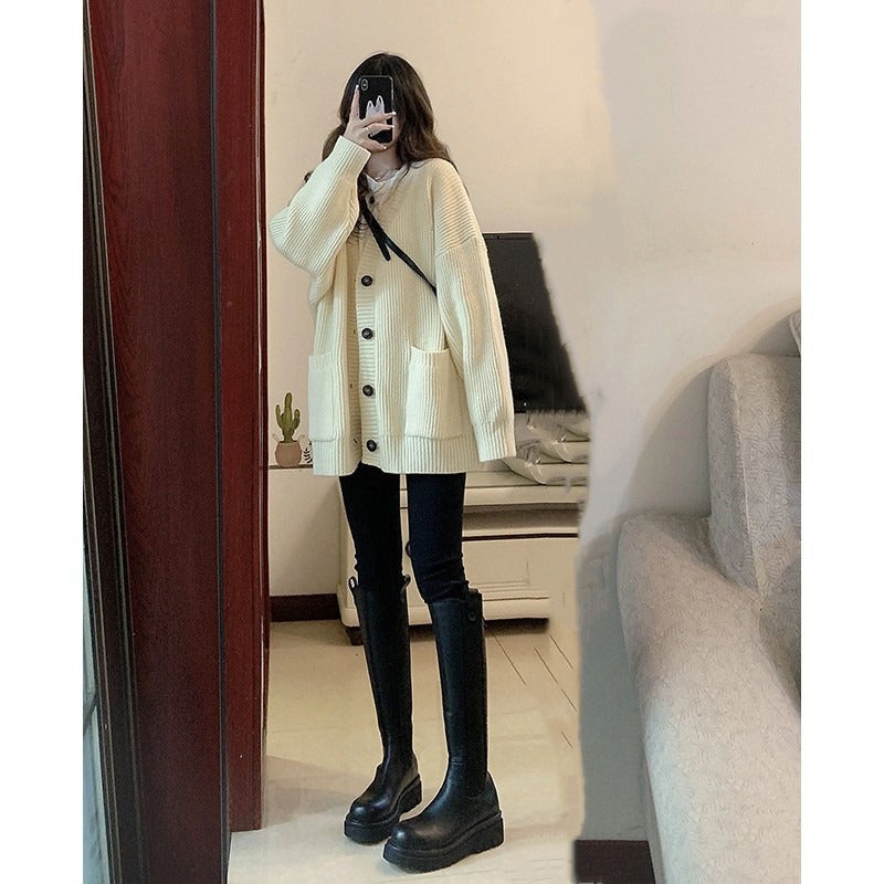 Women's Longline V-Neck Cardigan in Off-White