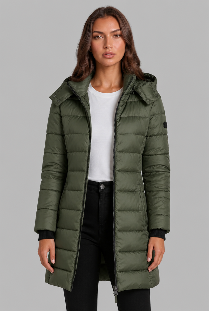 Women's Fitted Puffer Coat in Army Green