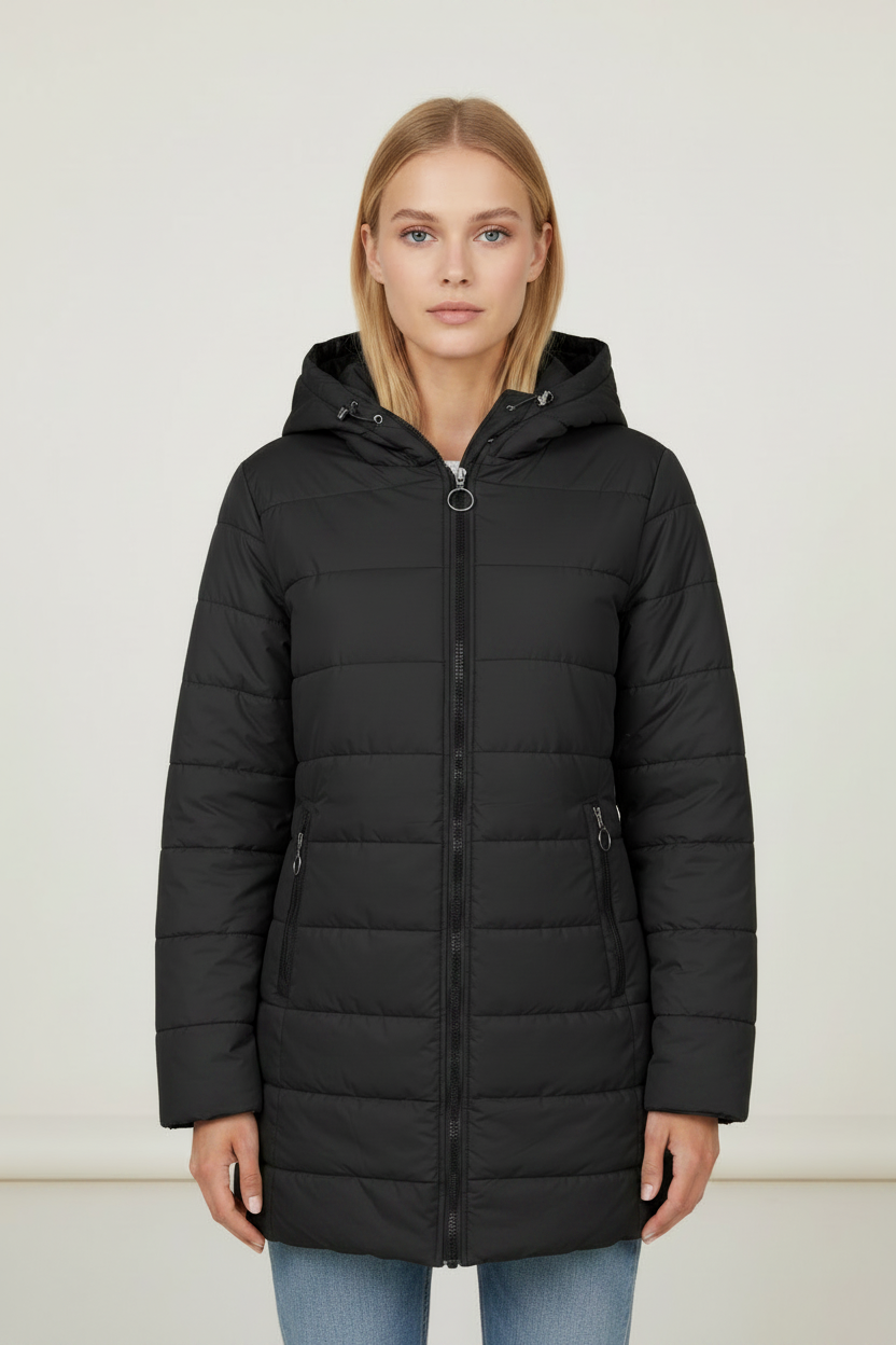 Women's Puffer Coat with Fleece Lined Hood in Black