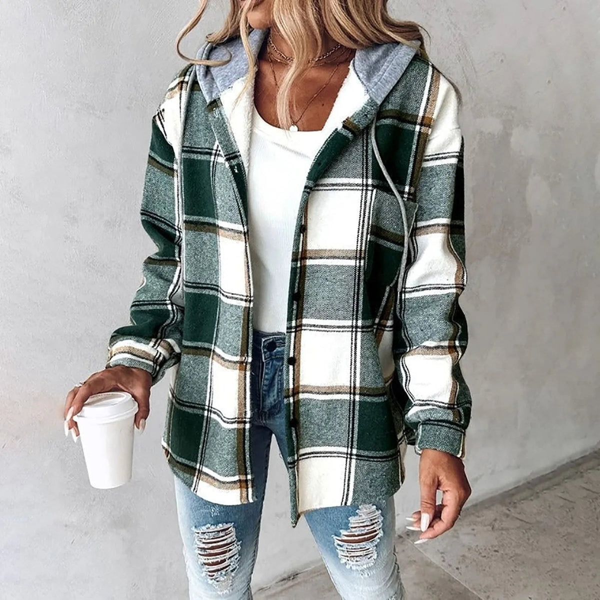 Women's Plaid Hooded Jacket in Green