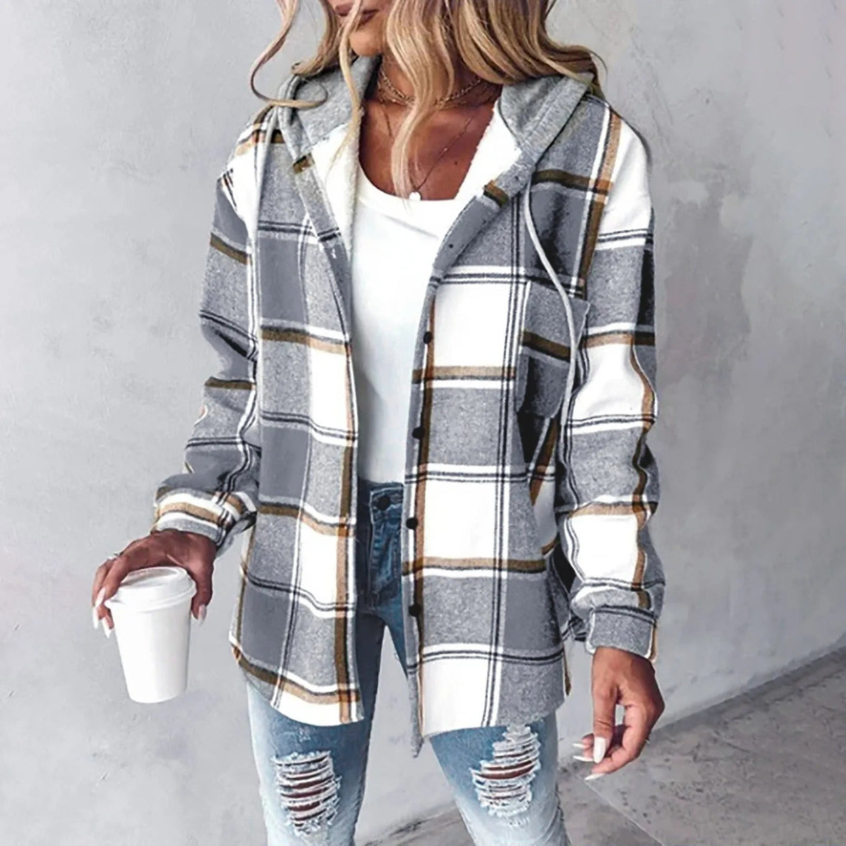 Women's Plaid Hooded Jacket in Grey