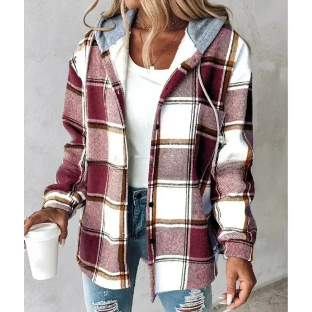 Women's Plaid Hooded Jacket in Dark Red