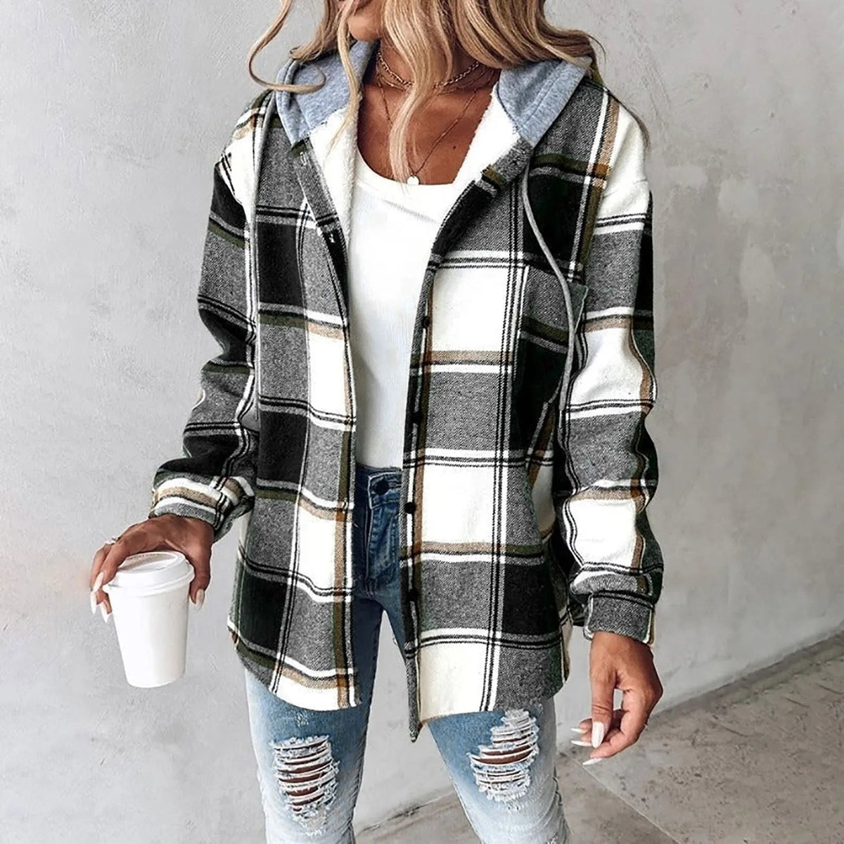 Women's Plaid Hooded Jacket in Black