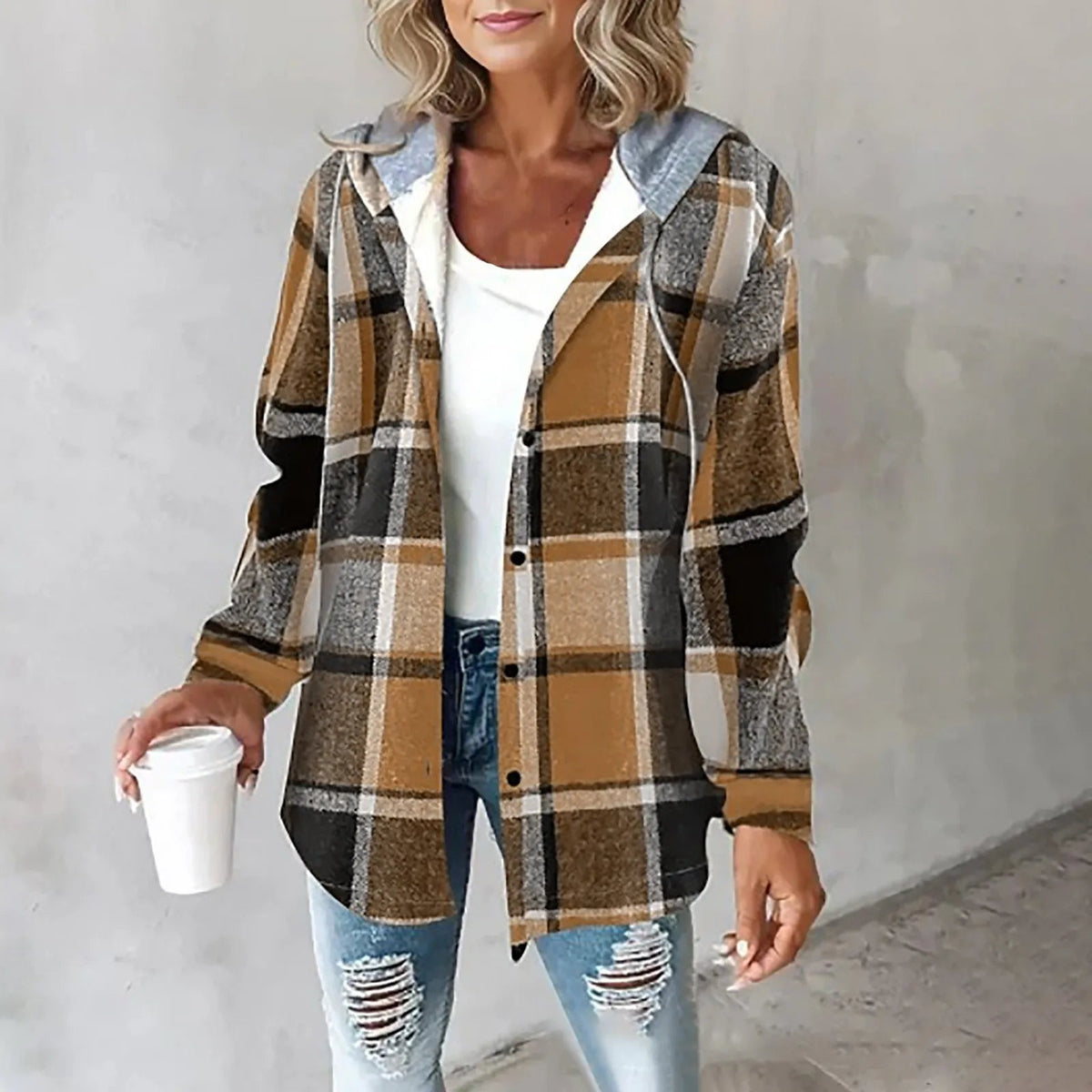 Women's Plaid Hooded Jacket in Brown