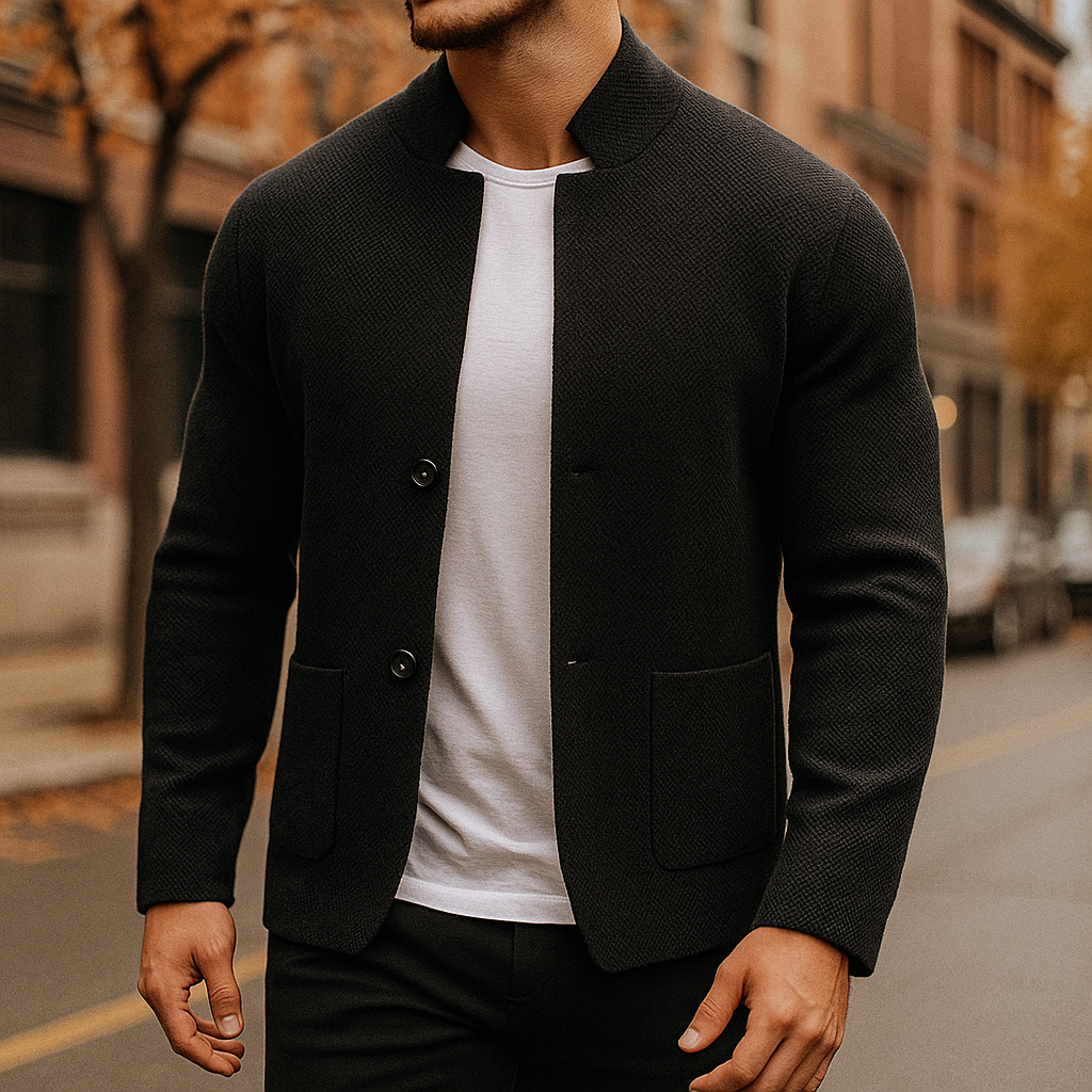 Men's textured knit cardigan in black with notch collar